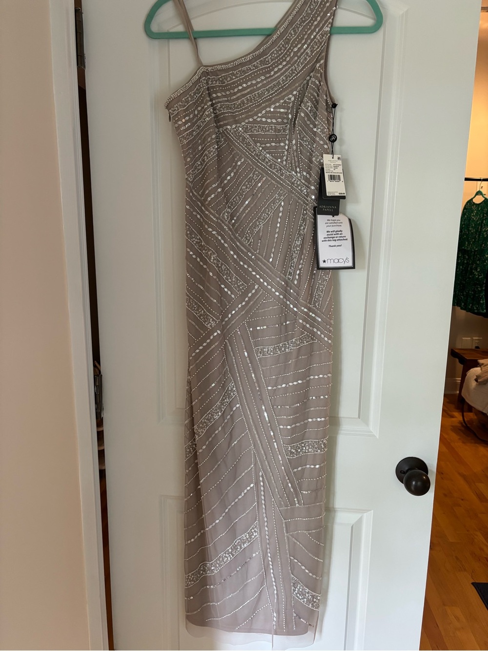 Adrianna Papell One-Shoulder Beaded Gown - Taupe